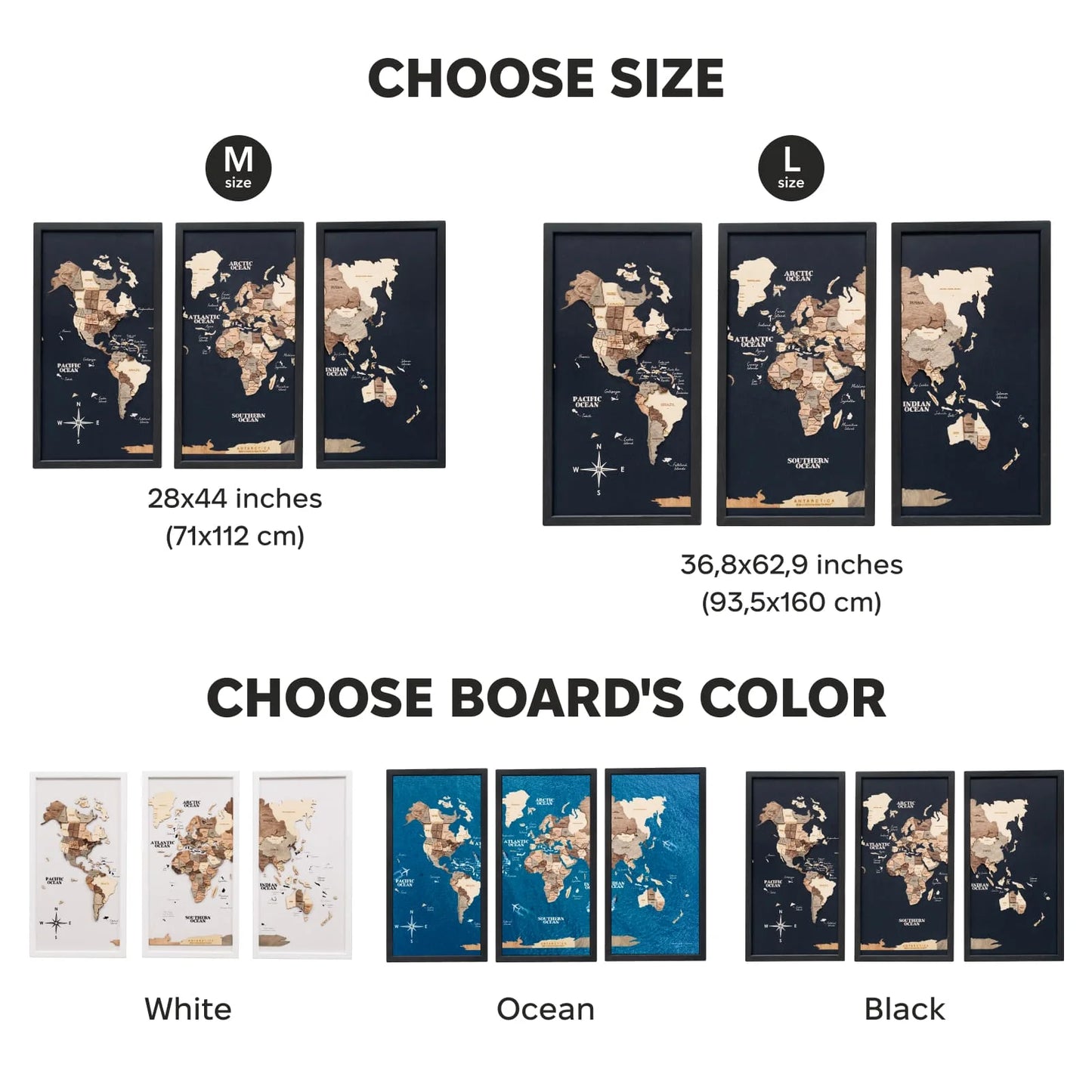 Triptych Wall Art - Wooden World Map (Smokey)