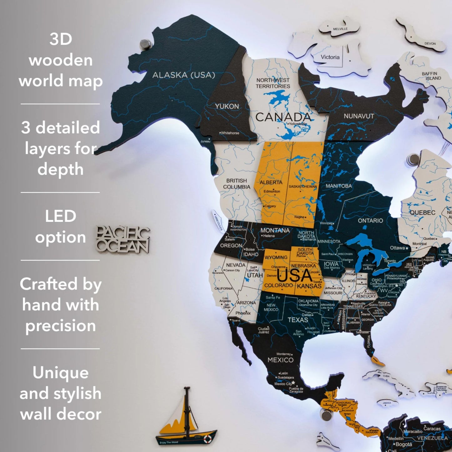 3D LED / LUMINOUS Wooden World Map 3.0 Country