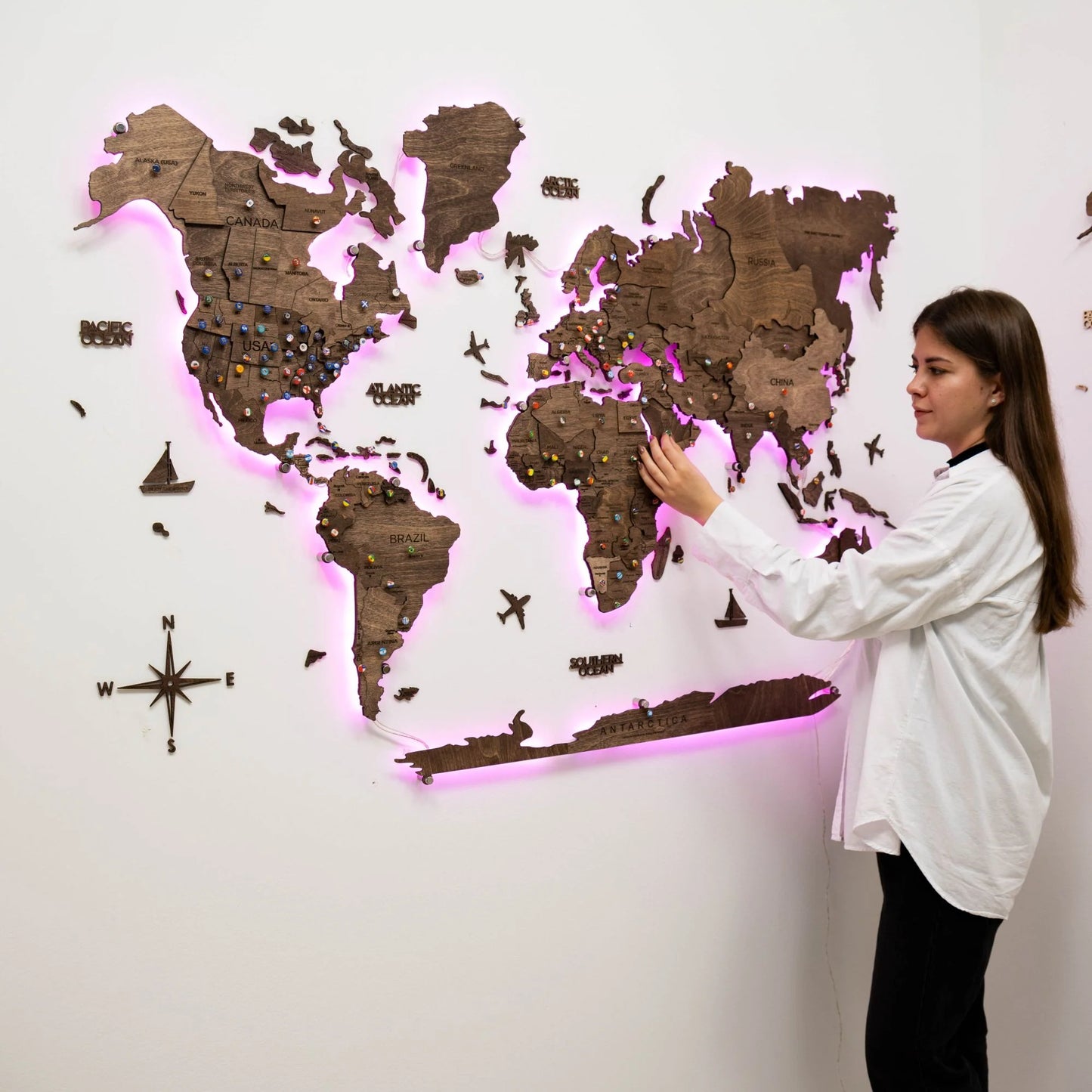 3D LED Wooden World Map 3.0 Dark Walnut
