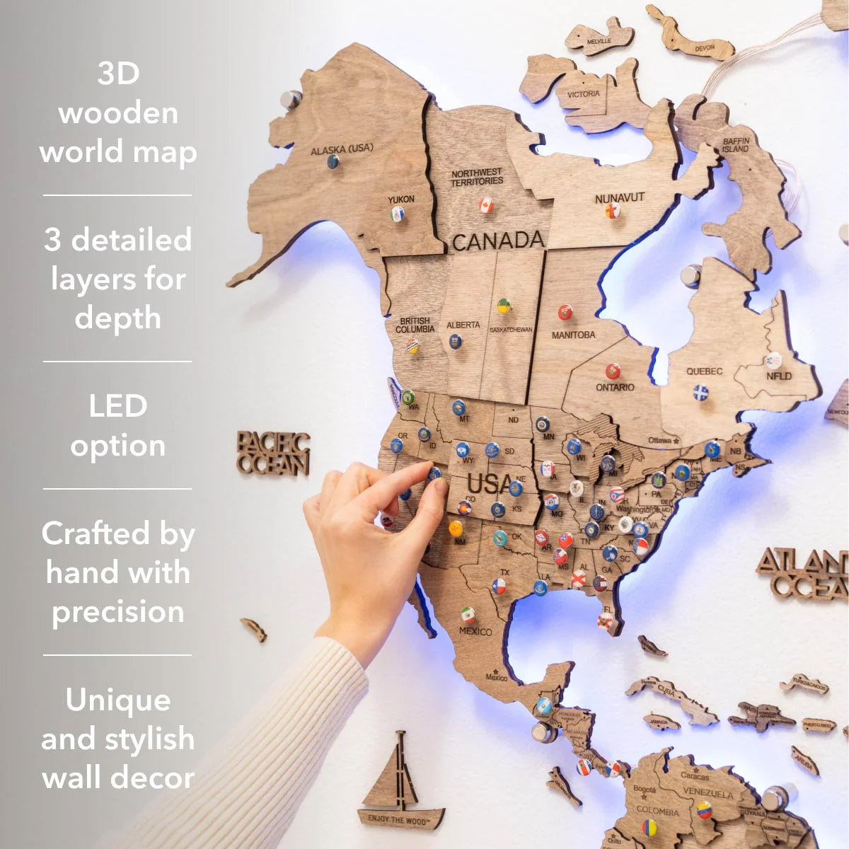 3D LED Wooden World Map 3.0 Terra