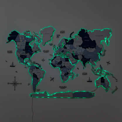 3D LUMINOUS LED Wooden World Map 2.0 Aqua