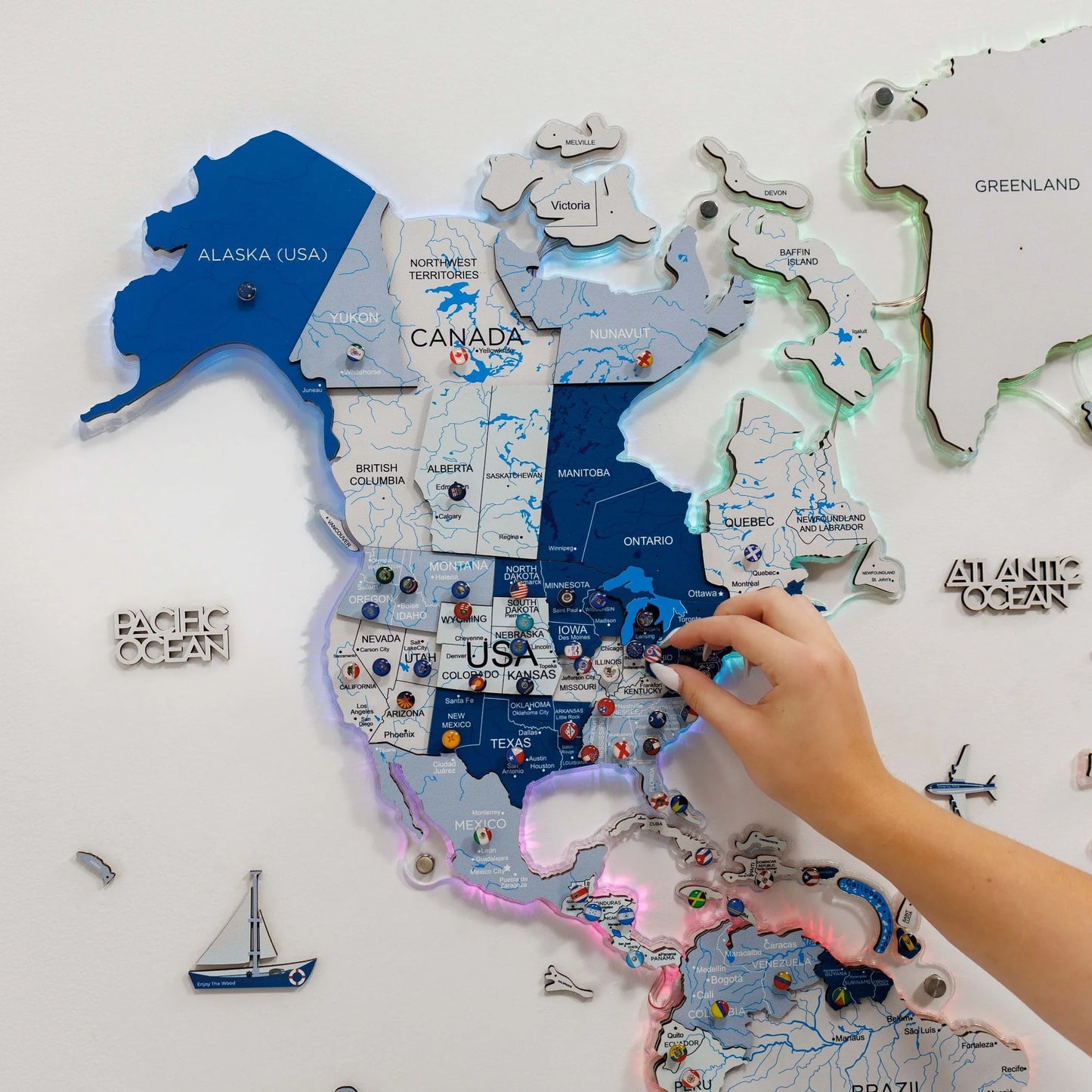3D LUMINOUS LED Wooden World Map 2.0 Aqua