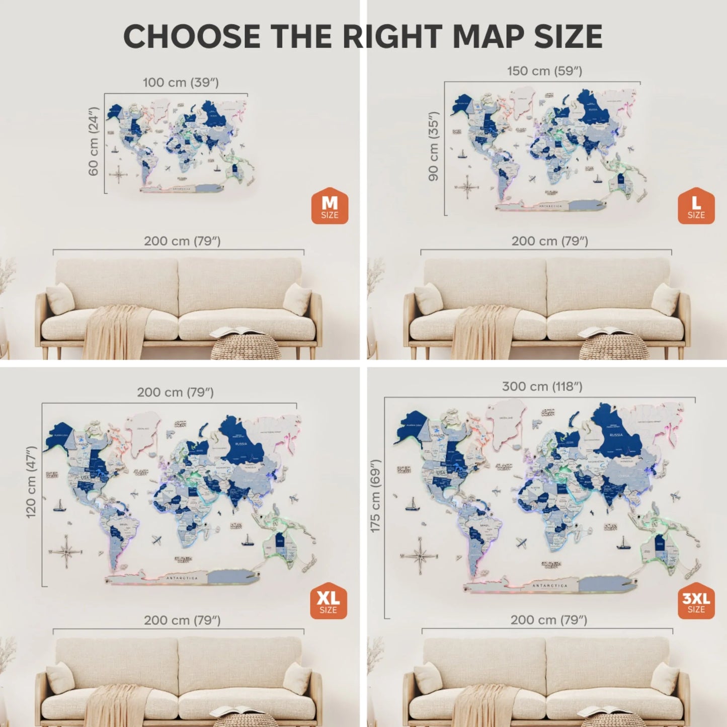 3D LUMINOUS LED Wooden World Map 2.0 Aqua