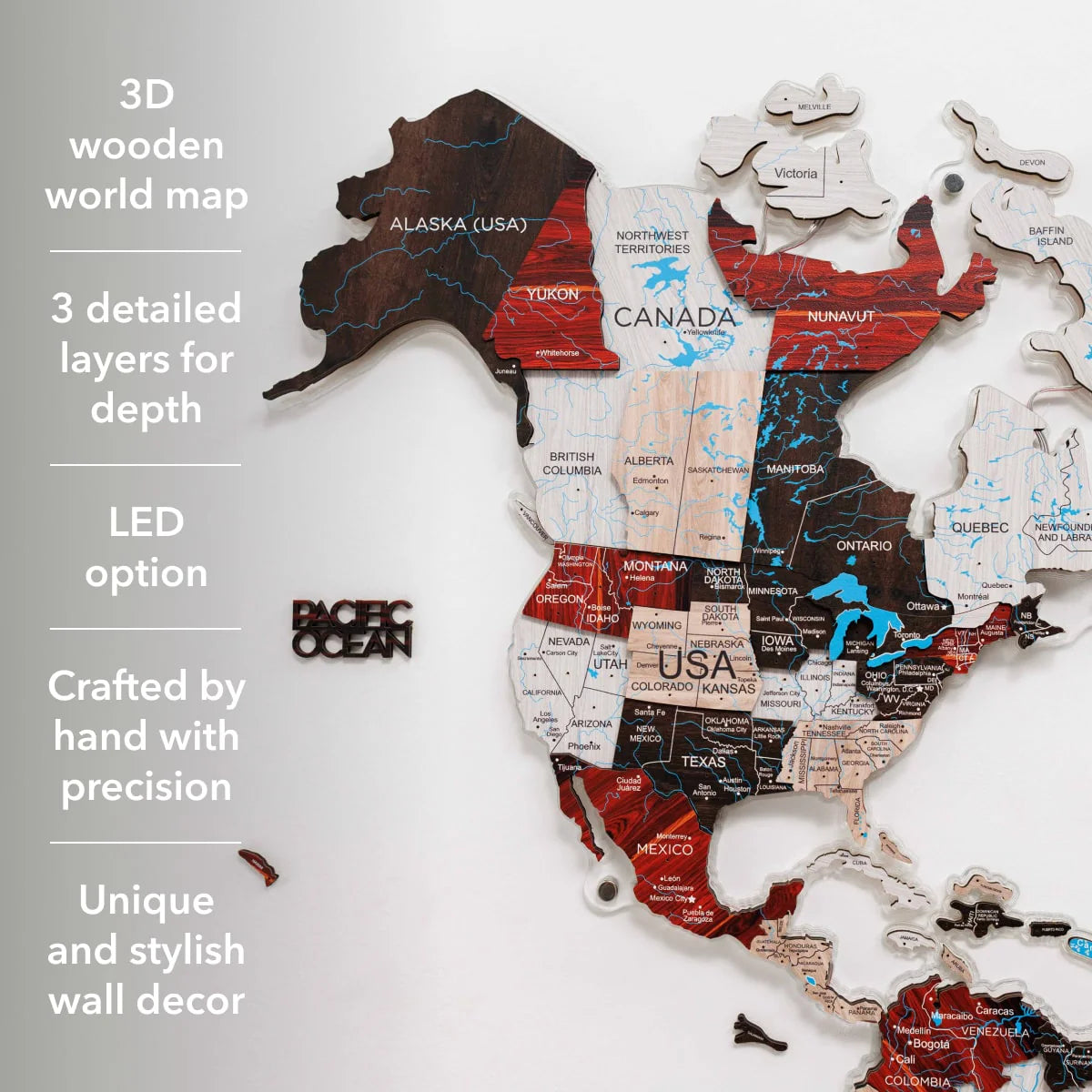 3D LUMINOUS LED Wooden World Map 2.0 Urban