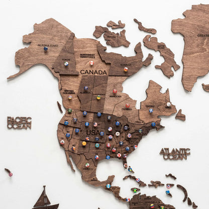 3D Wooden World Map Dark Walnut