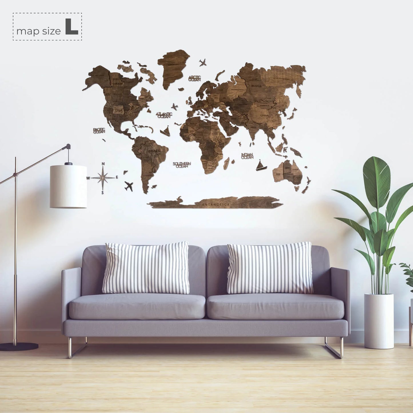 3D Wooden World Map Dark Walnut