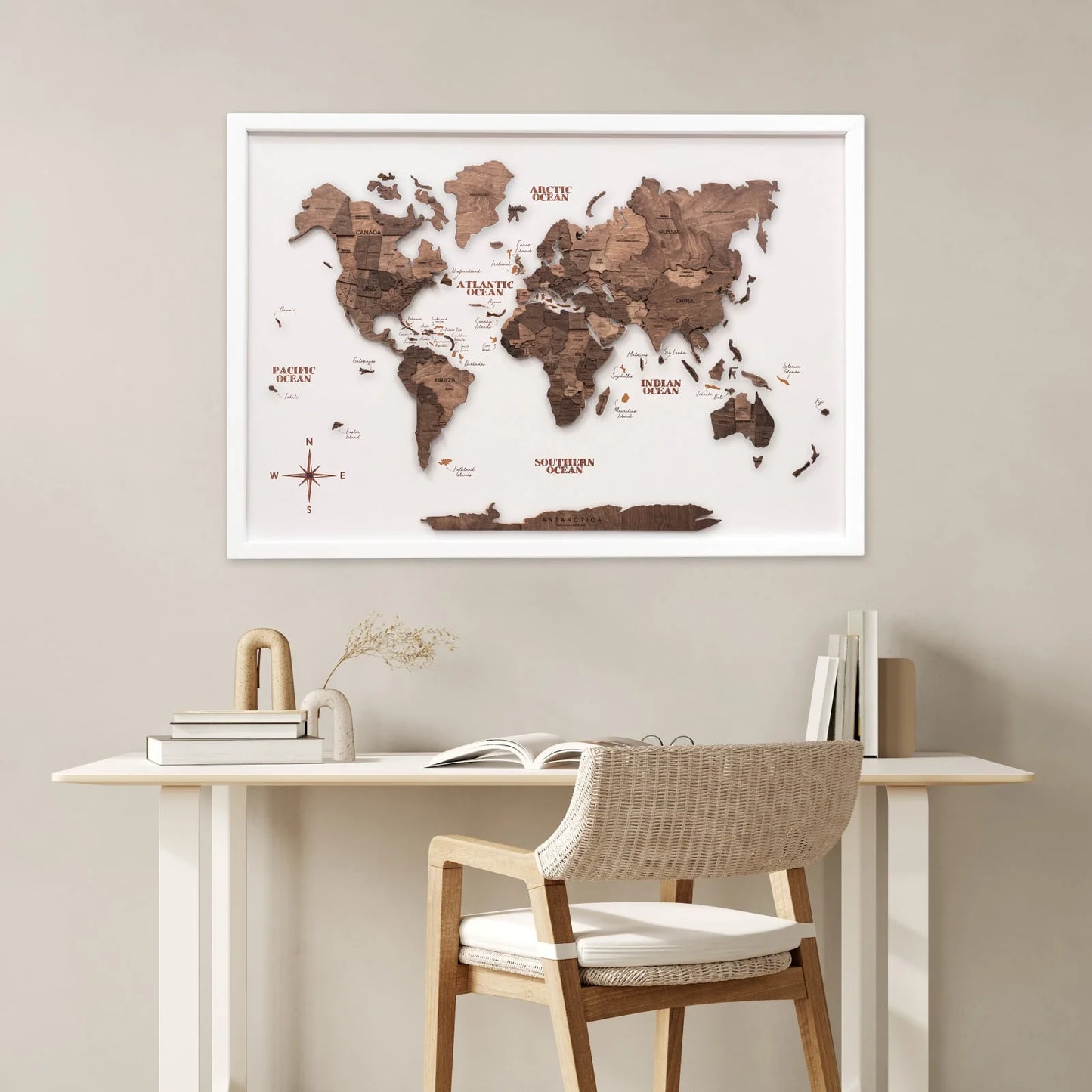 3D Wooden Panel World Map - Dark Walnut