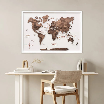 3D Wooden Panel World Map - Dark Walnut