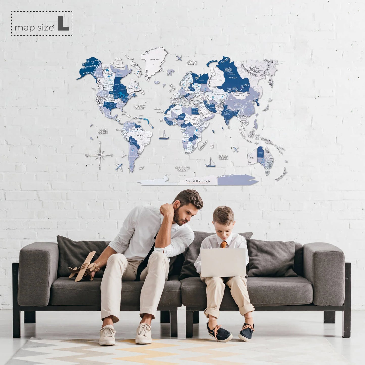 3D Wooden World Map Aqua