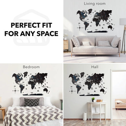 3D Wooden World Map Midnight