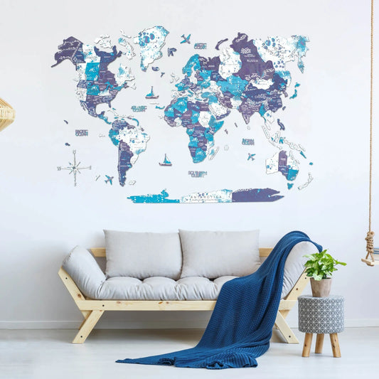 3D Wooden World Map Ocean