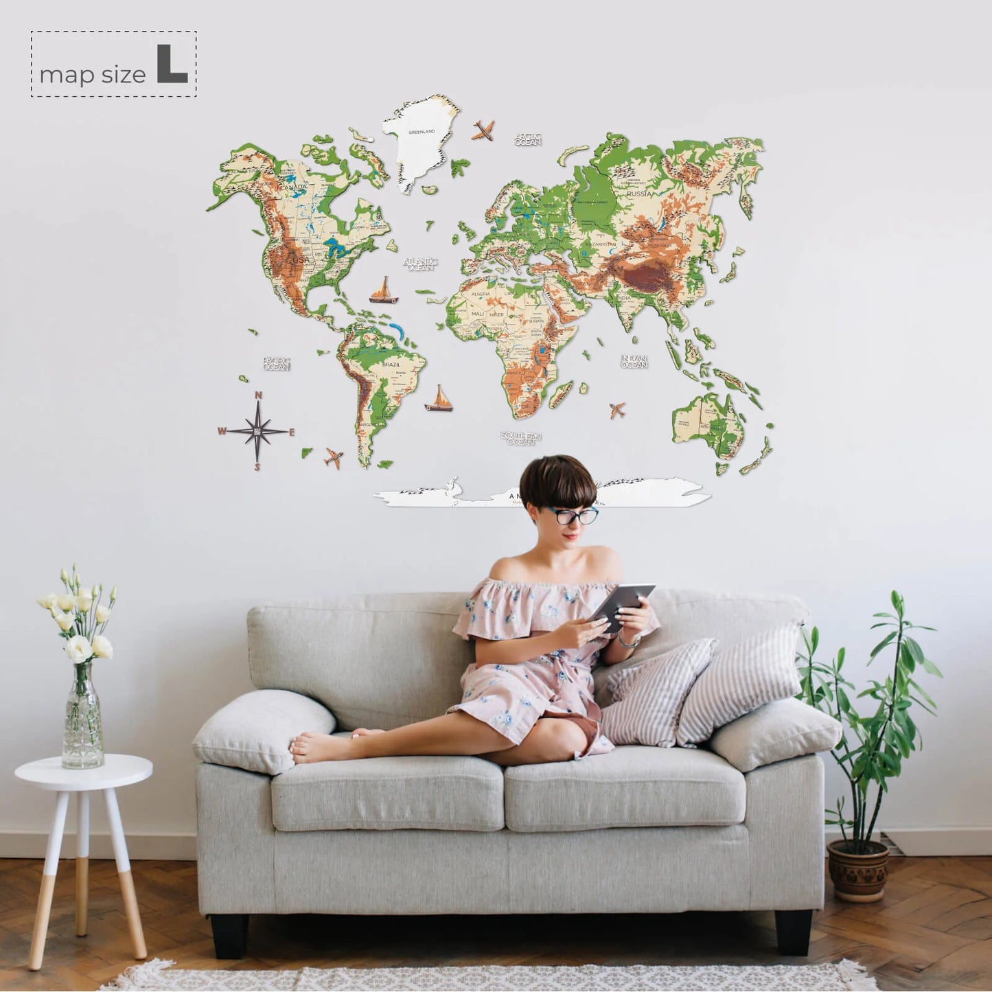 3D Wooden World Map Physical