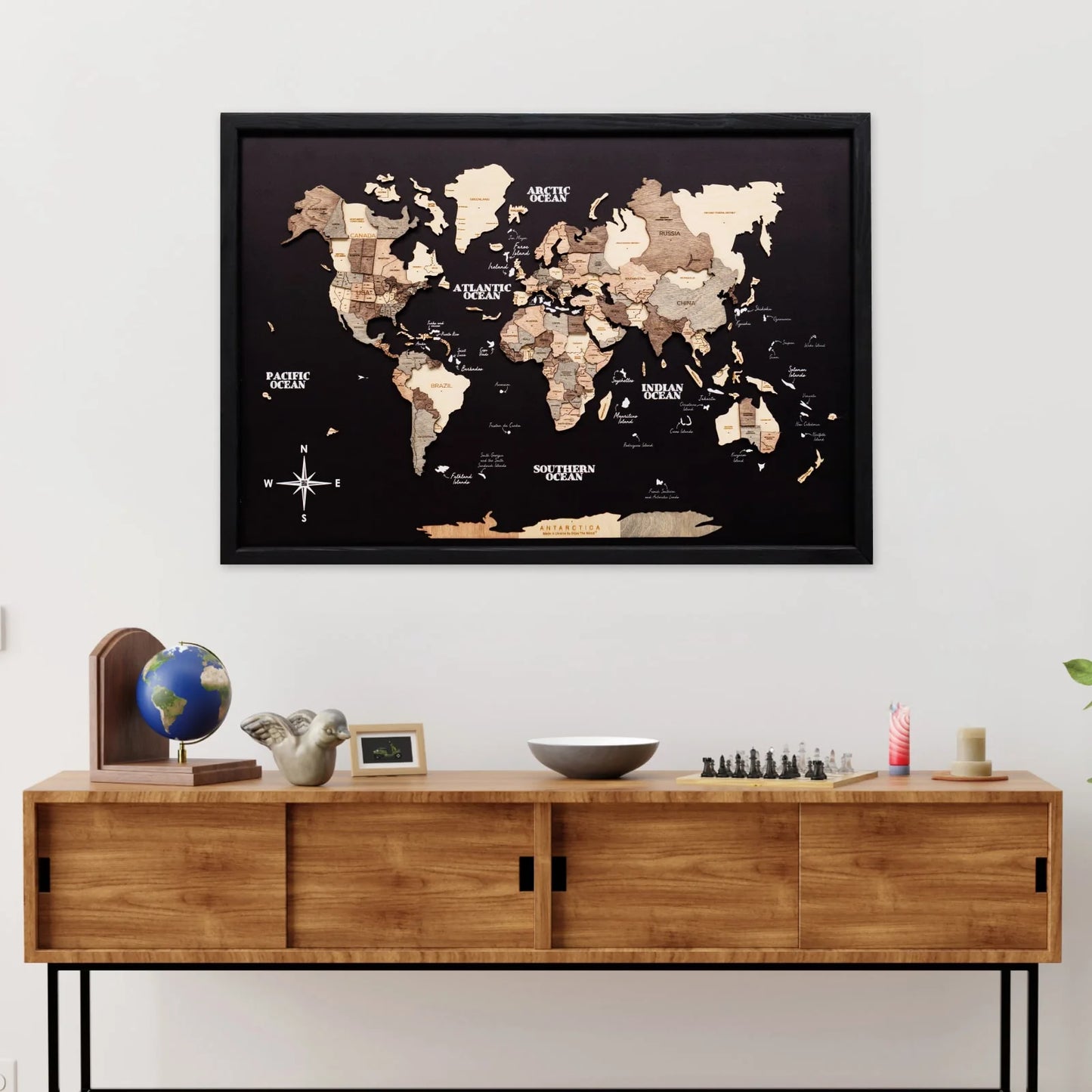 3D Wooden Panel World Map - Smokey
