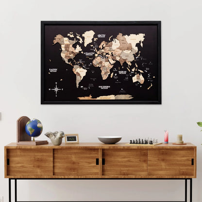 3D Wooden Panel World Map - Smokey