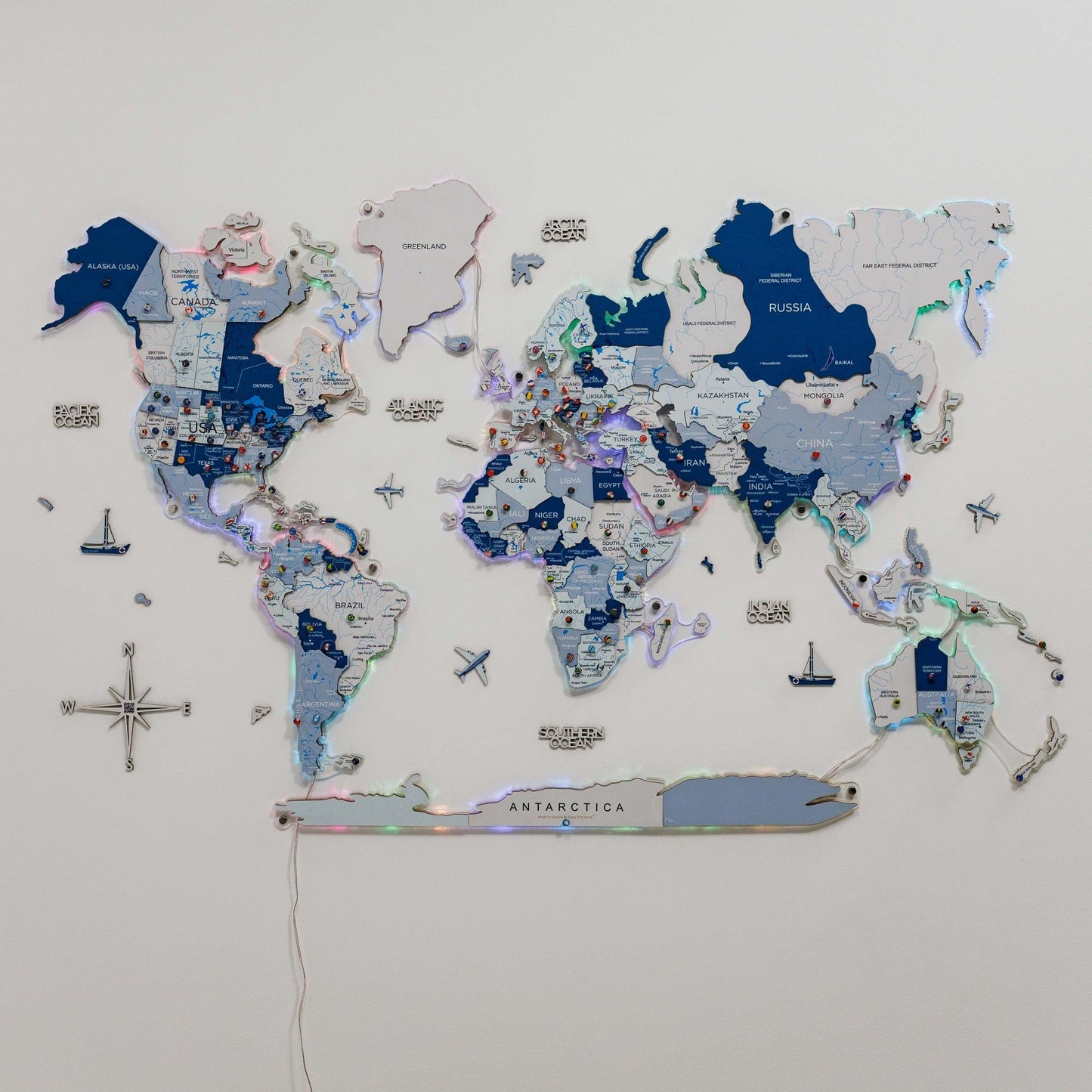 3D LUMINOUS LED Wooden World Map 2.0 Aqua