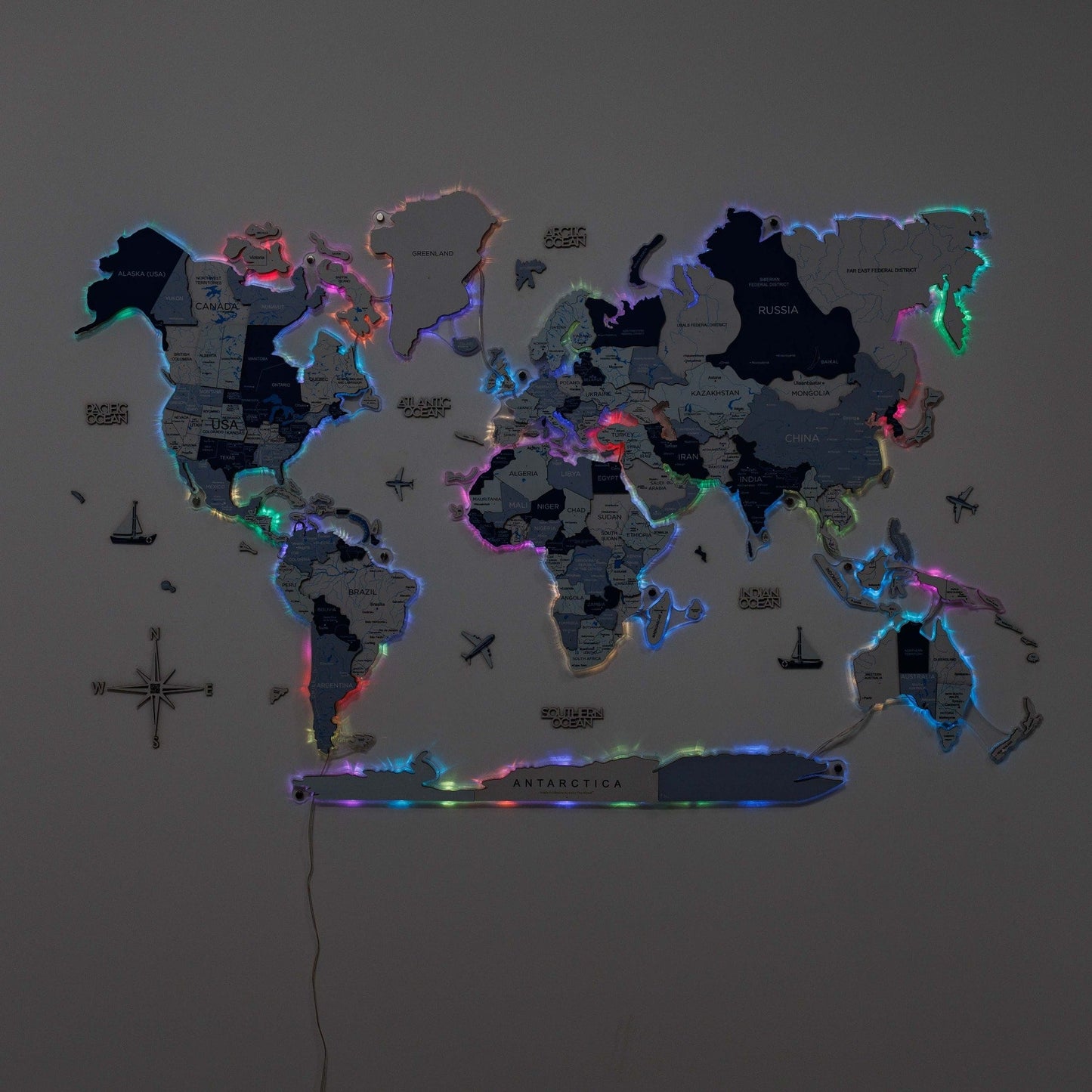 3D LUMINOUS LED Wooden World Map 2.0 Aqua