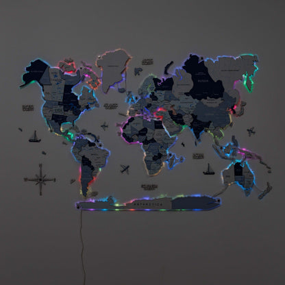 3D LUMINOUS LED Wooden World Map 2.0 Aqua