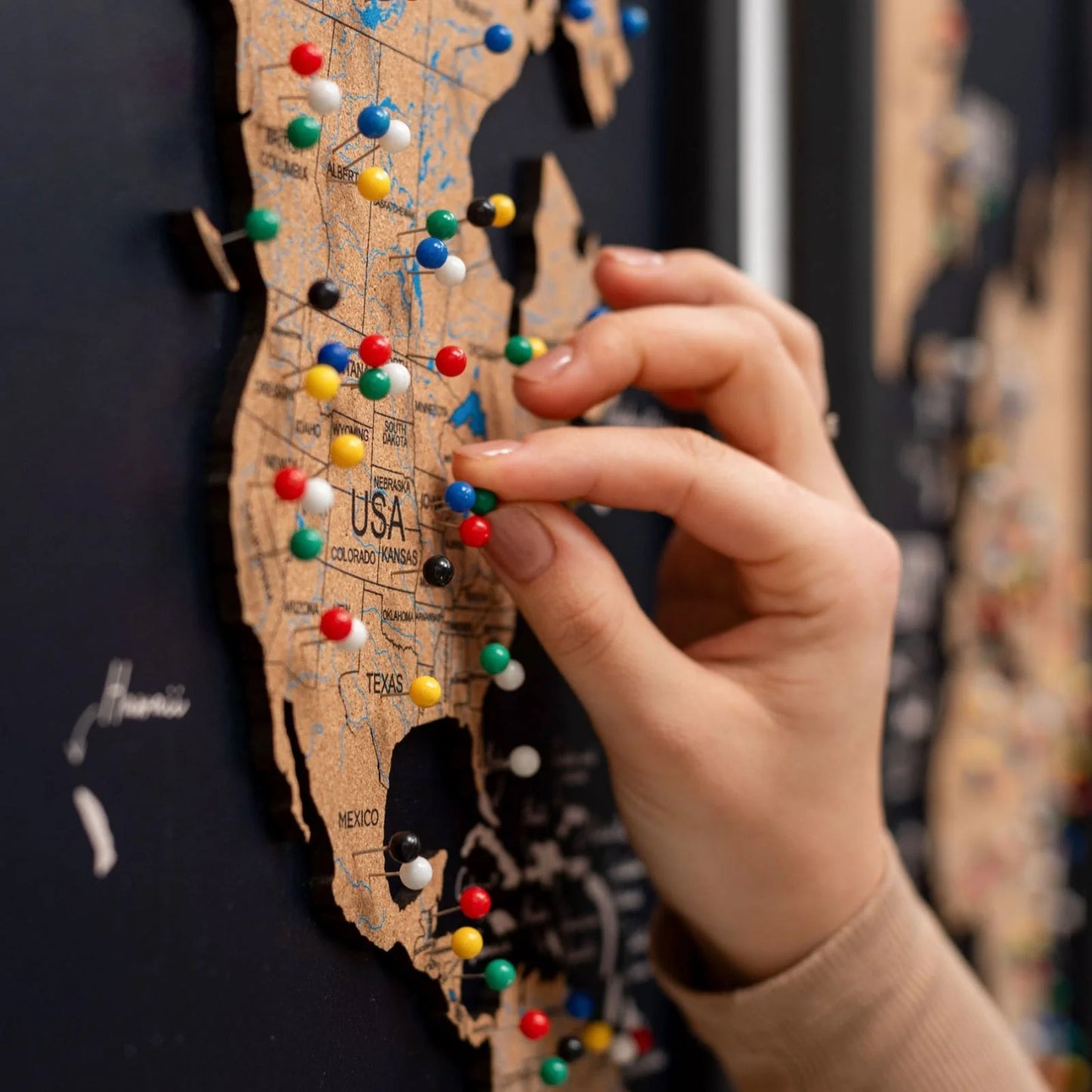 Cork world map triptych - Black