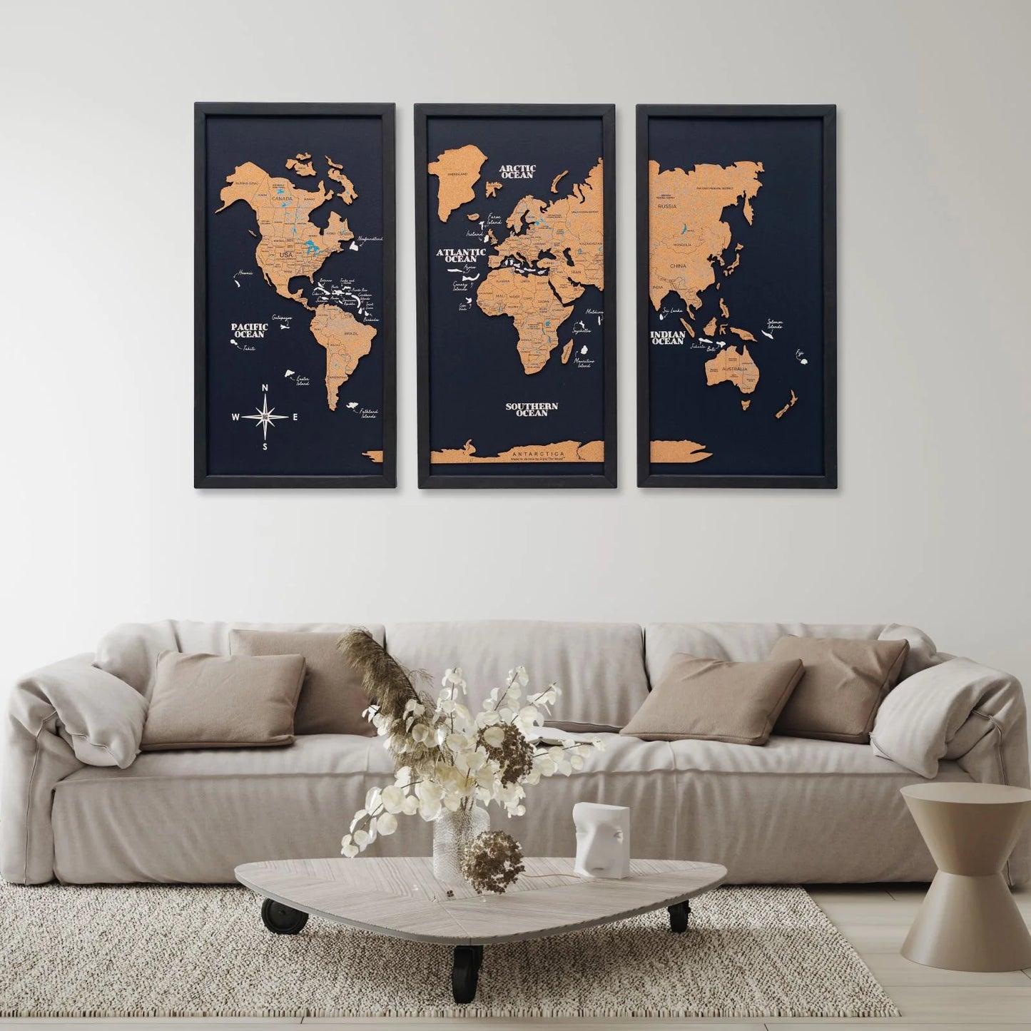 Cork world map triptych - Black