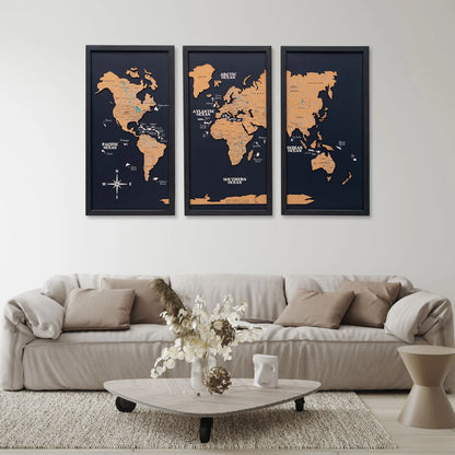 Cork world map triptych - Black