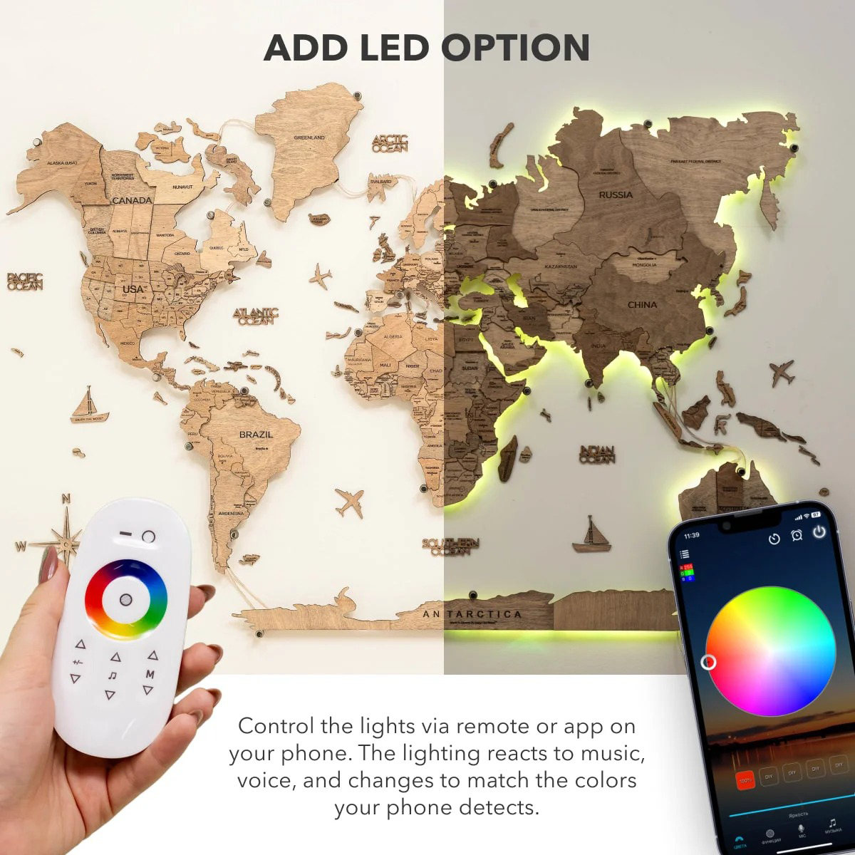 3D LED Wooden World Map 3.0 Oak