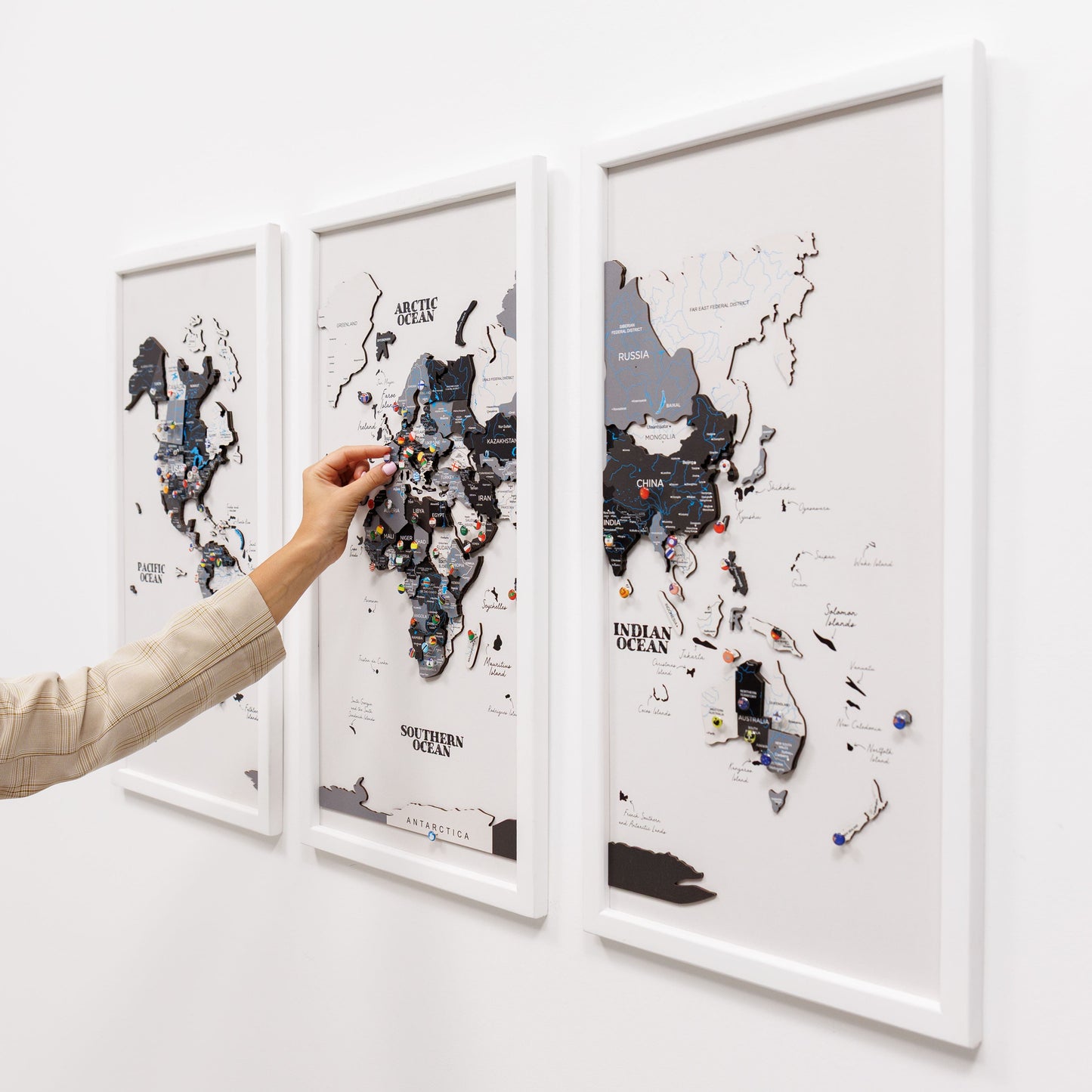 Triptych Wall Art - Wooden World Map (Nordik)