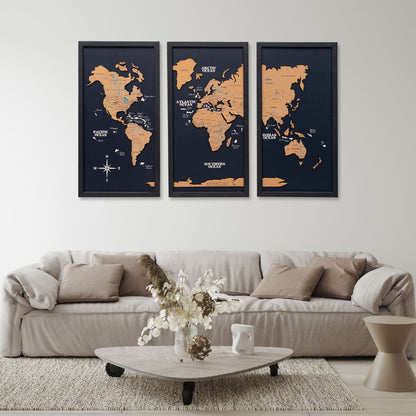 Cork world map triptych - White