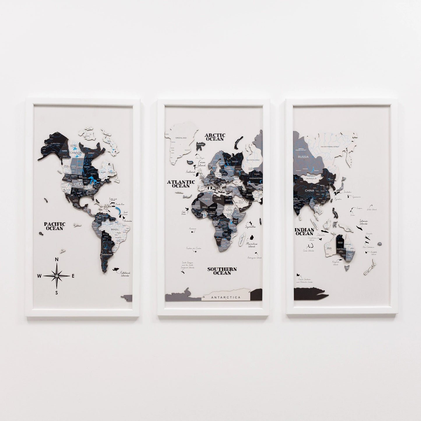 Triptych Wall Art - Wooden World Map (Nordik)