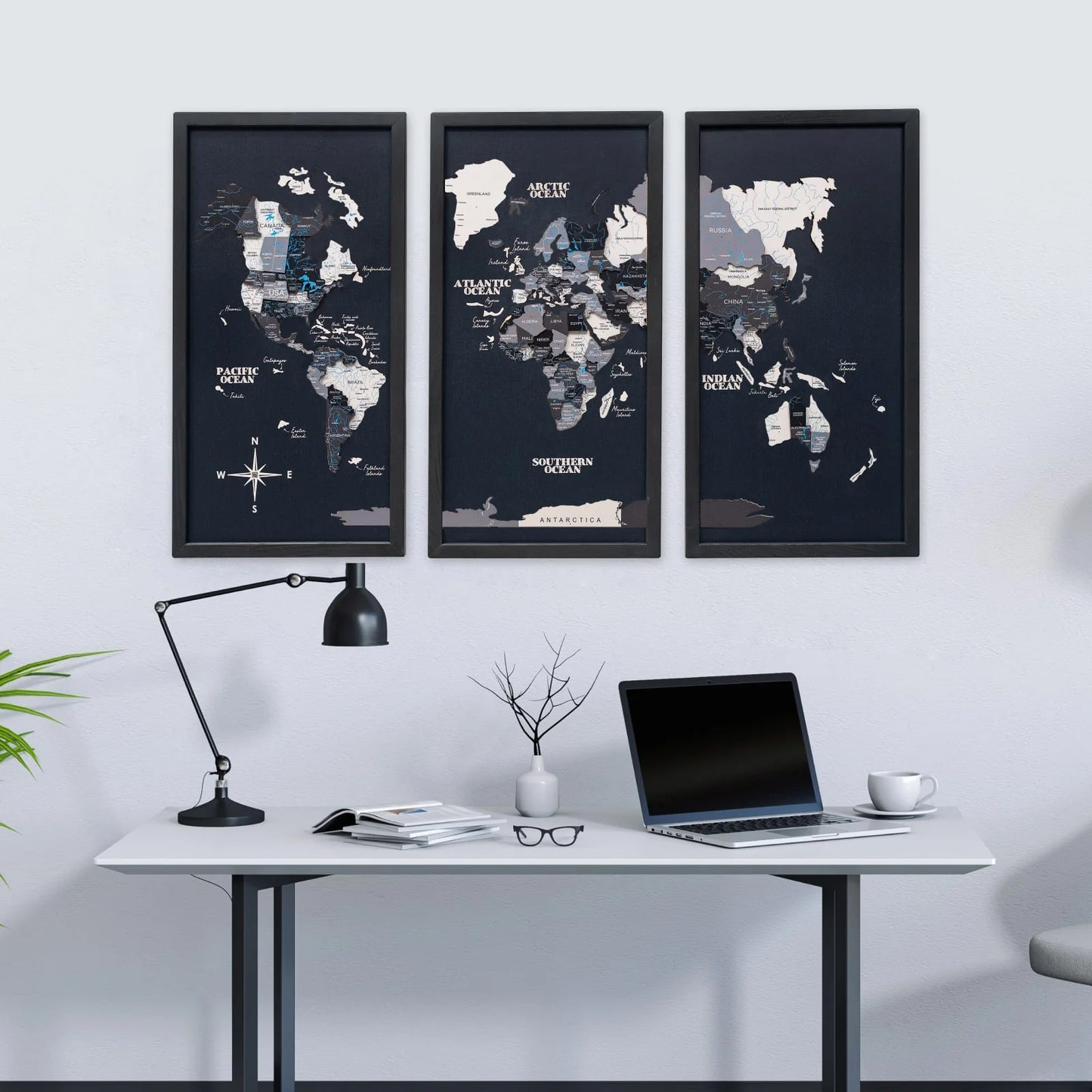 Triptych Wall Art - Wooden World Map (Nordik)