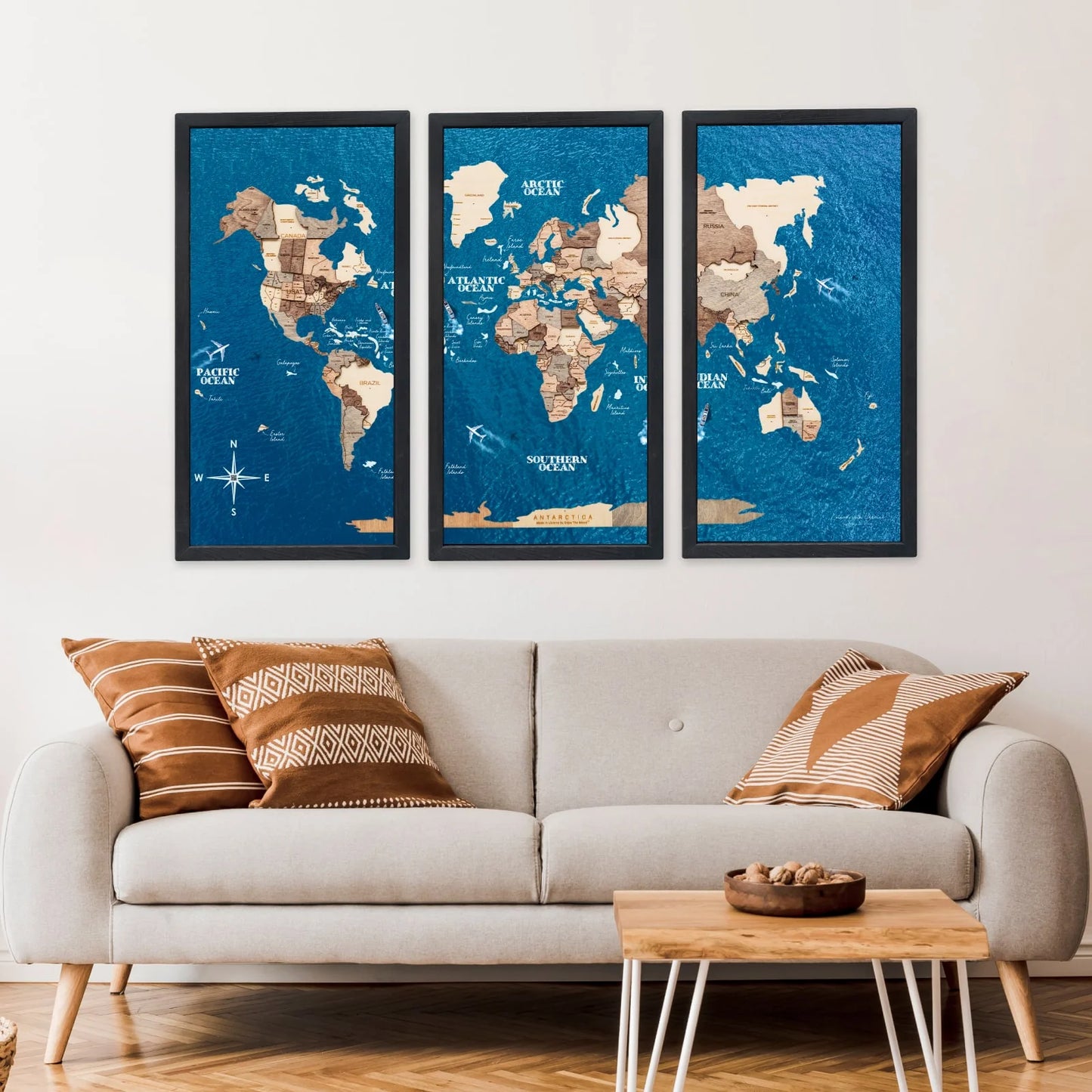 Triptych Wall Art - Wooden World Map (Smokey)