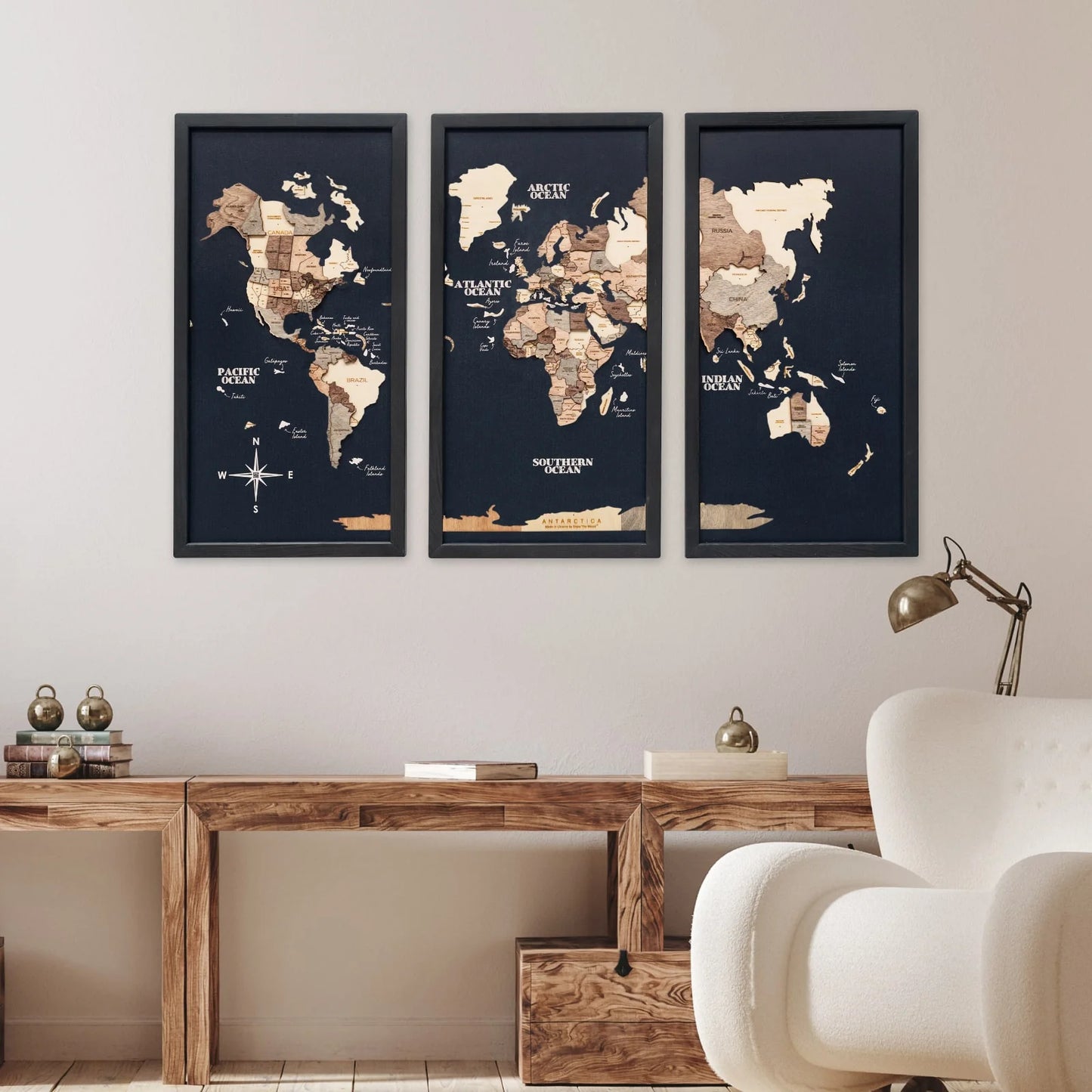 Triptych Wall Art - Wooden World Map (Smokey)