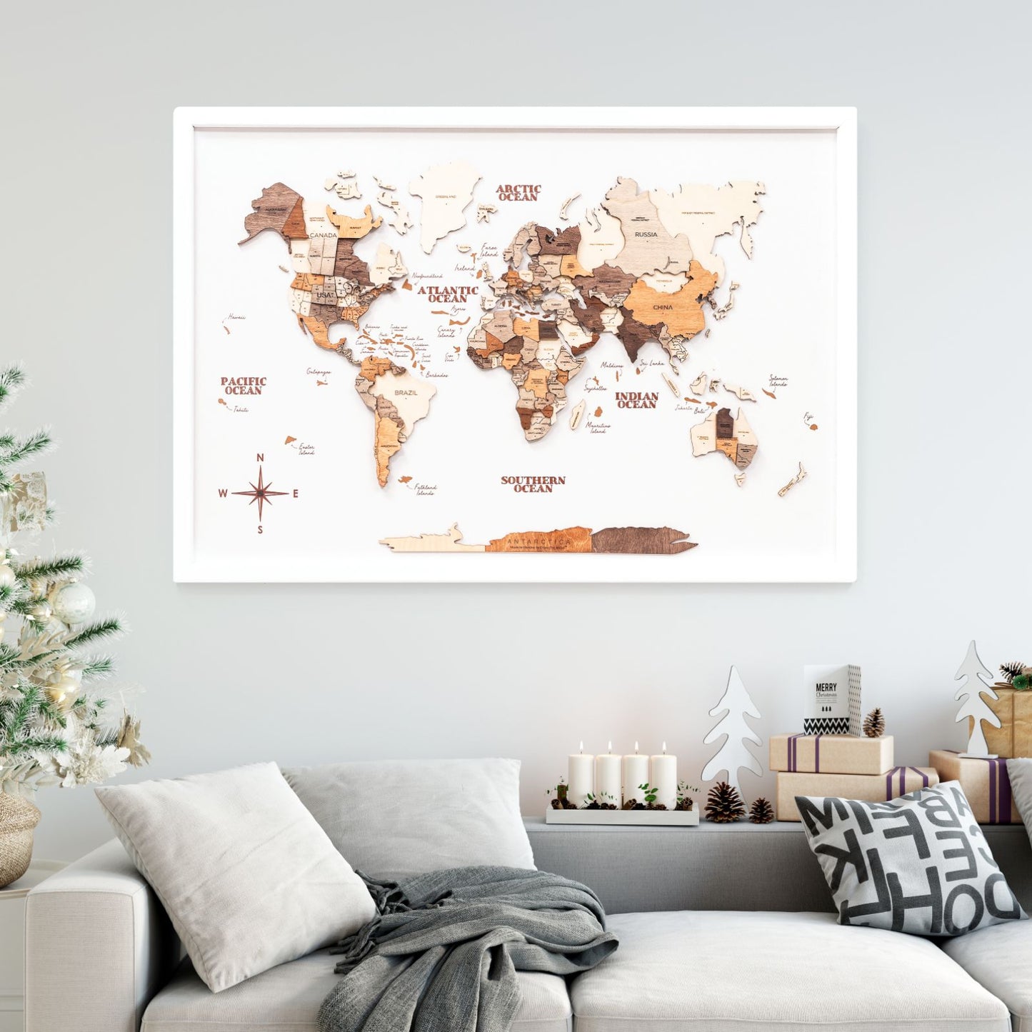 3D Wooden Map on Board Multicolor - Burgundy